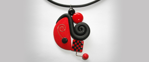 Pendentif rond graphique, rouge et noir (damier)