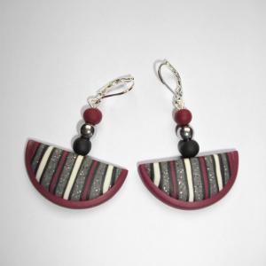 Boucles demi lune (rayé bordeaux , gris et blanc) - Vente en ligne de bijoux fimo