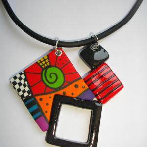 pendentif 4 carrés multicolore 1 - Vente en ligne de bijoux fimo