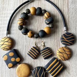 Ensemble (7 pièces) ocre et noir - Vente en ligne de bijoux fimo